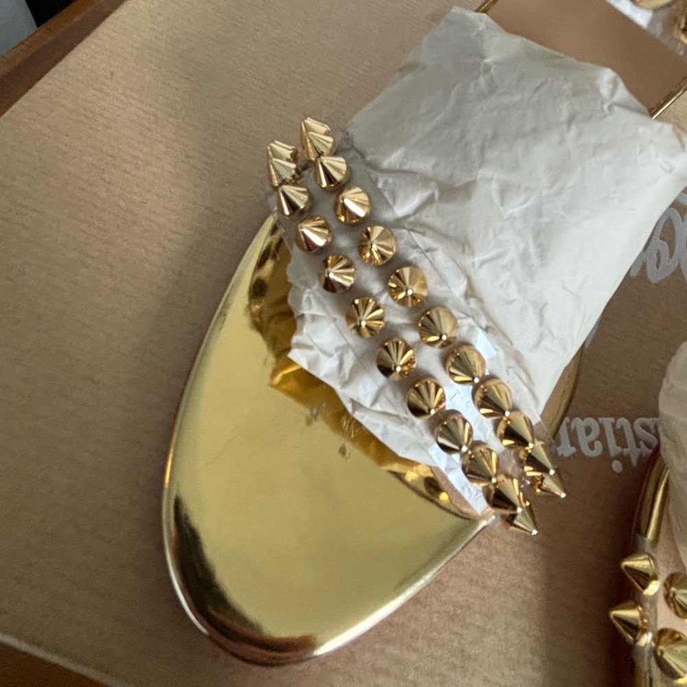 Christian Louboutin Spikes Only 85 Gold PVC Slide Mule Open Sandal Heel Pump 35 - Picture 5 of 10